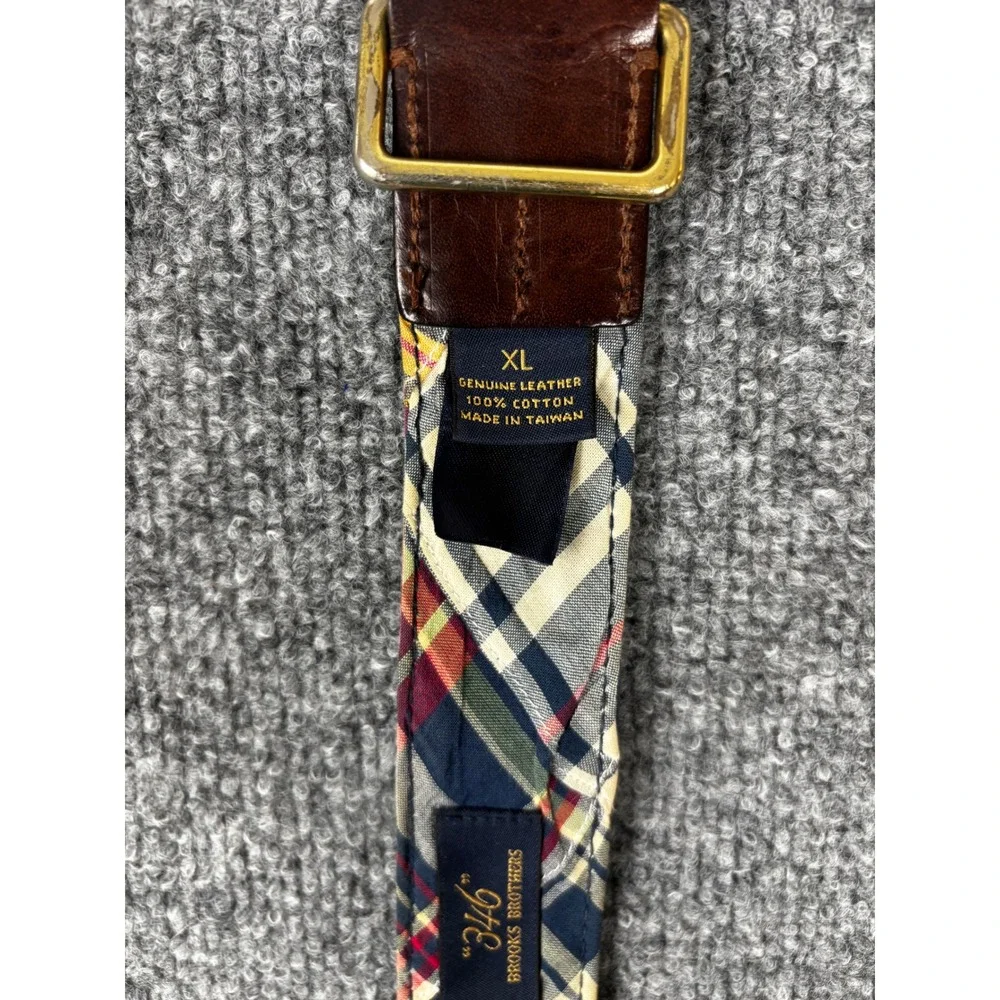 Brooks Brothers Belt Men XL Multi Color 346 Plaid Cotton Leather Brass Buckle